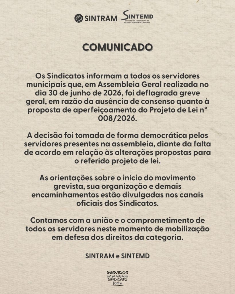 ✊ A nossa luta continua e ganha força a cada dia! 🏳️
Agradecemos profundamente a participação em massa de todos os servidores e servidoras nas mobilizações. É a presença de cada um de vocês que mostra a nossa indignação e a nossa força para buscar o respeito e a valorização que merecemos.
Nenhum movimento recua quando a base se mantém firme. Por isso, as nossas mobilizações continuam diariamente.
Fique atento e participe ativamente das próximas ações:
* 📅 Hoje (01/07): Organização das bases e notificação oficial à Prefeitura.
* 🏛️ Amanhã (02/07) às 14h: Grande mobilização na Câmara Municipal.
* 🏫 Sexta-feira (03/07) às 9h: Mobilização da Educação na SEMED e início oficial da greve da categoria.
📲 Acompanhe tudo de perto!
Para não perder nenhum informe oficial, horários de assembleias, locais de atos e atualizações das negociações, sigam as nossas redes sociais oficiais. Compartilhe nossas publicações, comente e ajude a levar a nossa voz para toda a população de Divinópolis!
Quem luta, conquista! Juntos até a vitória! 🤝🔥
#Sintram #Sintemd #GreveGeral #ServidoresDivinopolis #MobilizacaoDiaria #AUniaoFazAForca #DivinopolisMG #ValorizacaoJa #NaoAReformaDaDiviprev #RetireOPlc008 #RetireOProjeto